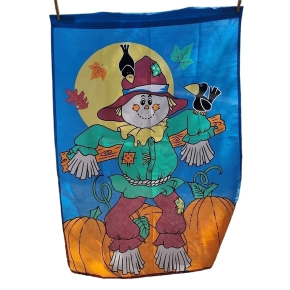 Vtg Large Scarecrow pumpkin Fall Halloween Crows outdoor yard decorative Flag - Picture 2 of 8